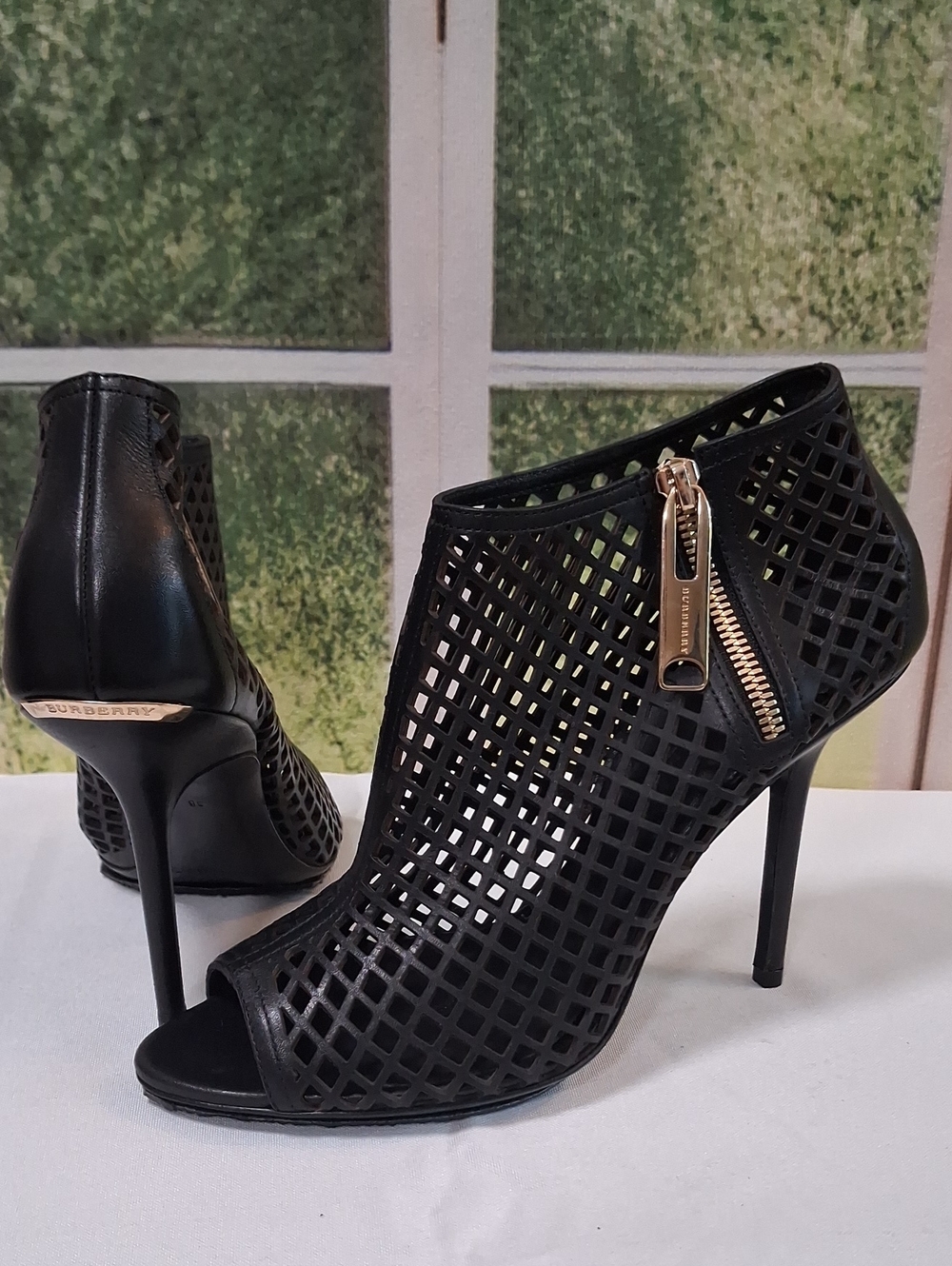 Burberry Black Laser-Cut Peep-Toe Stiletto Ankle Booties with Gold Zipper
